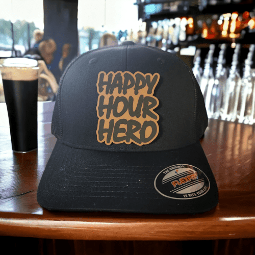 happy hour hero leather patch trucker hat 974829